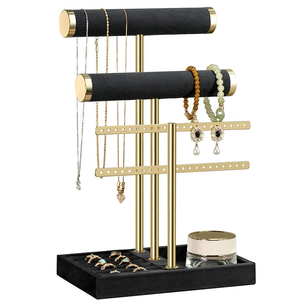 3 Tier Bracelet Holder Display - Detachable T Bar Black Velvet Bracelet Holder, Jewelry Holder Organizer for Bracelet, Necklace, Earrings, Rings
