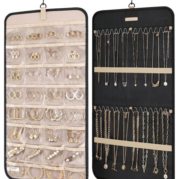 BAGSMART Hanging Jewelry Organizer Storage Roll with Hanger Metal Hooks Double-Sided Jewelry Holder for Earrings, Necklaces, Rings on Closet, Wall, Door, 1 piece, Medium, Black