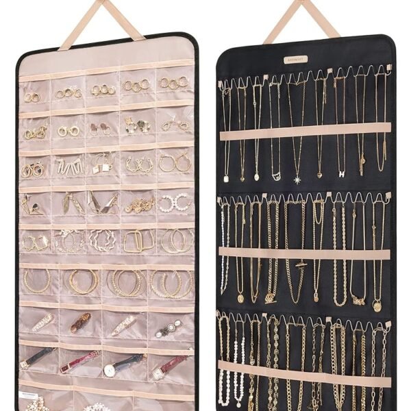 BAGSMART Hanging Jewelry Organizer Storage Roll with Hanger Metal Hooks Double-Sided Jewelry Holder for Earrings, Necklaces, Rings on Closet, Wall, Door, 1 piece, Extra Large,...
