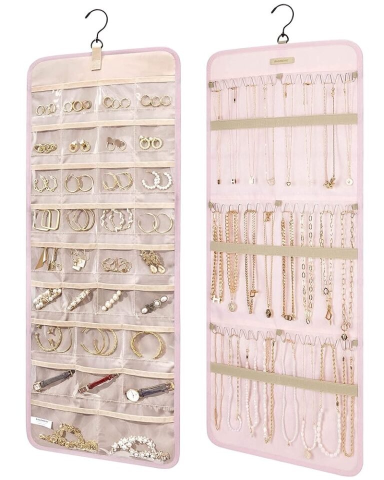 BAGSMART Hanging Jewelry Organizer Storage Roll with Hanger Metal Hooks Double-Sided Jewelry Holder for Earrings, Necklaces, Rings on Closet, Wall, Door, 1 piece, Large, Pink