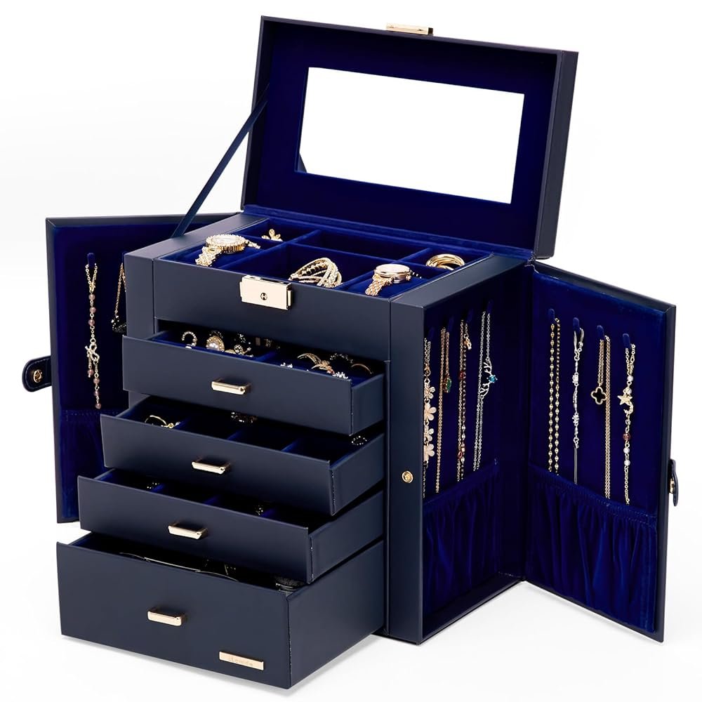 Homde Synthetic Leather Huge Jewelry Box Mirrored Watch Organizer Necklace Ring Earring Storage Lockable Gift Case (Dark Blue + Gold)