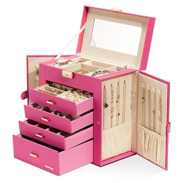 Homde Synthetic Leather Huge Jewelry Box Mirrored Watch Organizer Necklace Ring Earring Storage Lockable Gift Case (Pink + Gold)