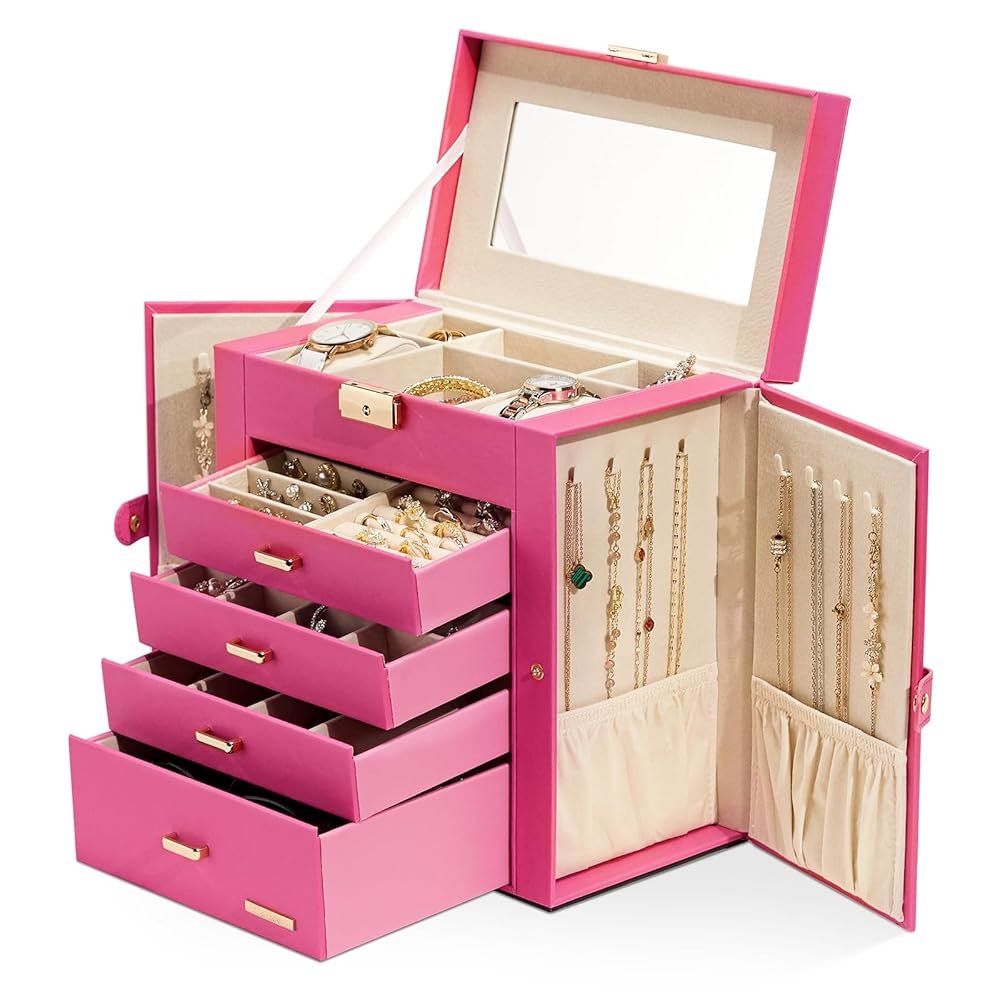 Homde Synthetic Leather Huge Jewelry Box Mirrored Watch Organizer Necklace Ring Earring Storage Lockable Gift Case (Pink + Gold)