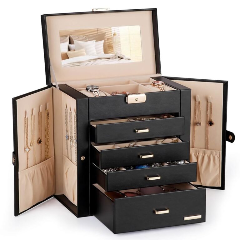 Homde Synthetic Leather Huge Jewelry Box Mirrored Watch Organizer Necklace Ring Earring Storage Lockable Gift Case (Black + Gold)