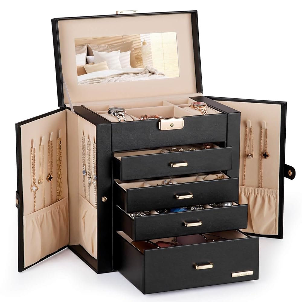 Homde Synthetic Leather Huge Jewelry Box Mirrored Watch Organizer Necklace Ring Earring Storage Lockable Gift Case (Black + Gold)