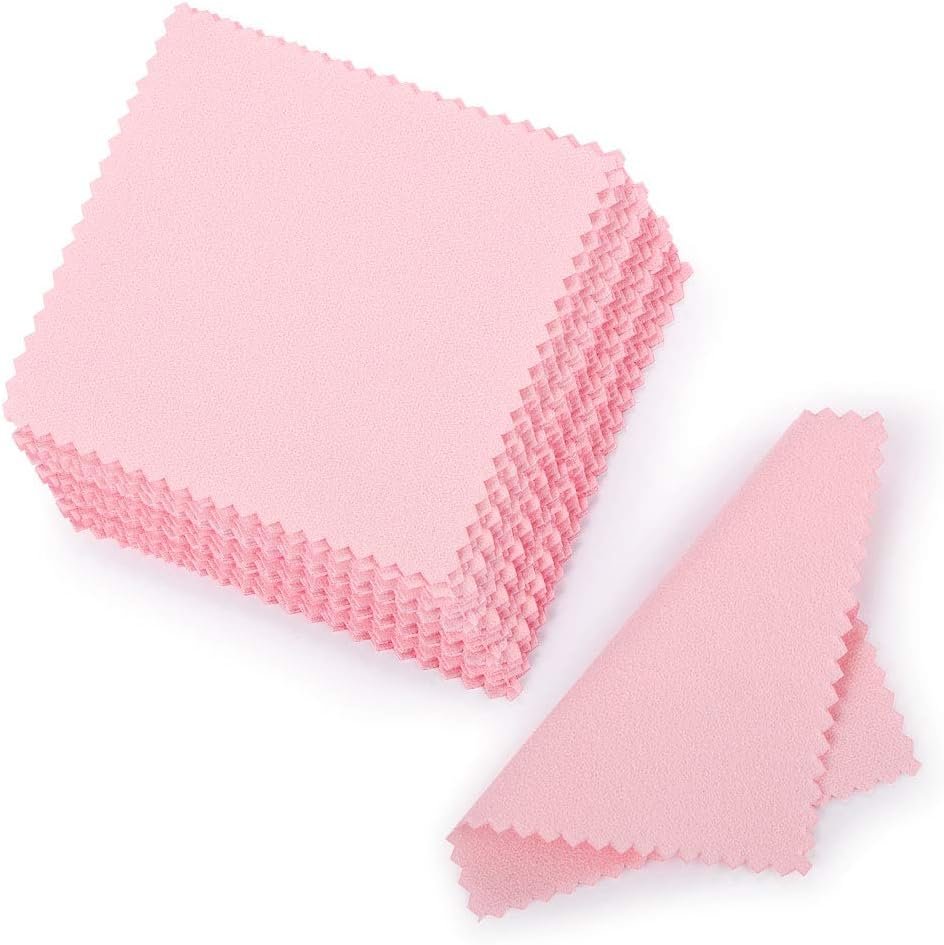 SEVENWELL 50pcs Jewelry Cleaning Cloth Pink Polishing Cloth for Sterling Silver Gold Platinum Small Silver Polish 8x8cm