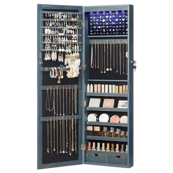 SONGMICS 6 LEDs Mirror Jewelry Cabinet, 47.2-Inch Tall Lockable Wall or Door Mounted Jewelry Armoire Organizer with Mirror, 2 Drawers, 3.9 x 14.6 x 47.2 Inches, Rustic Blue...
