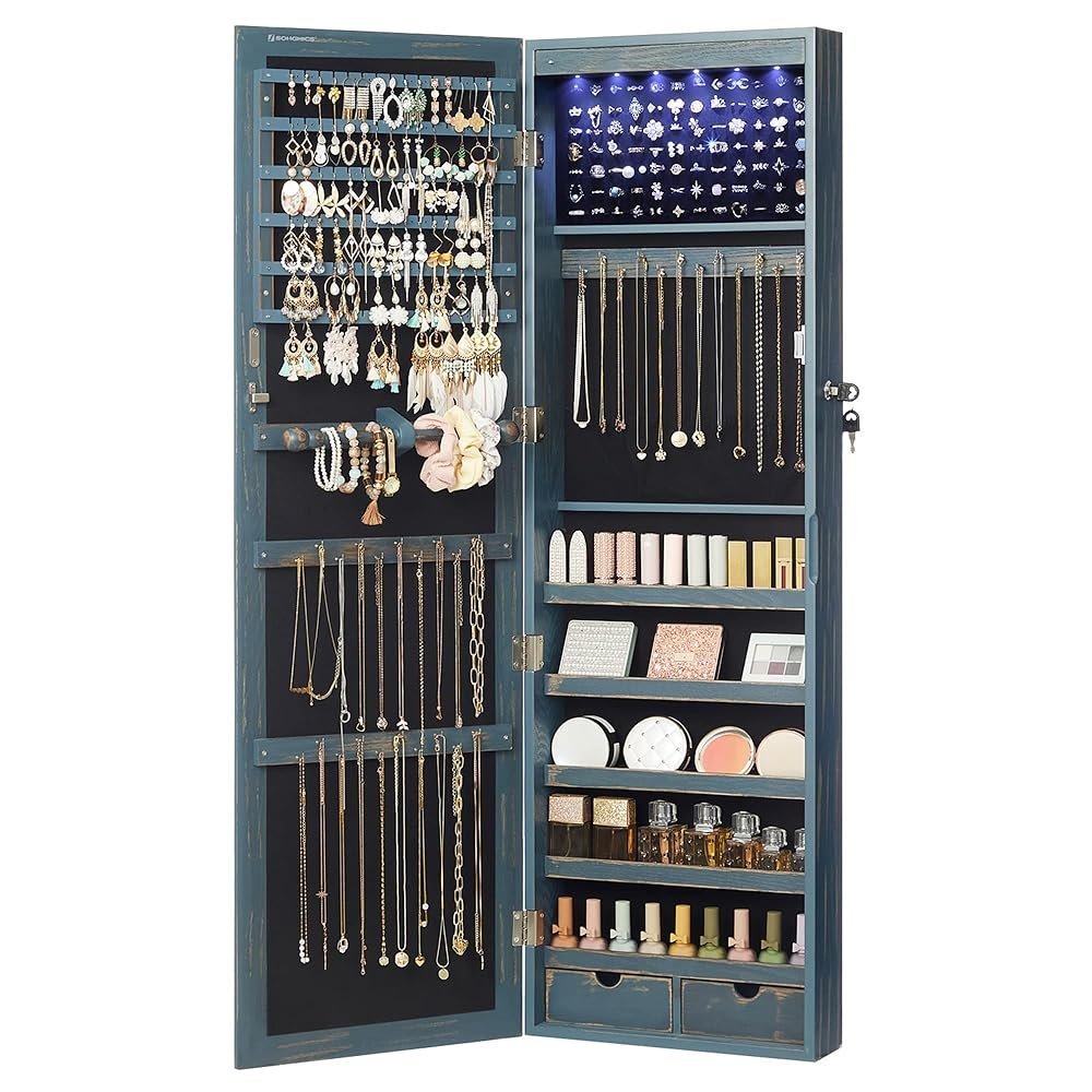 SONGMICS 6 LEDs Mirror Jewelry Cabinet, 47.2-Inch Tall Lockable Wall or Door Mounted Jewelry Armoire Organizer with Mirror, 2 Drawers, 3.9 x 14.6 x 47.2 Inches, Rustic Blue...