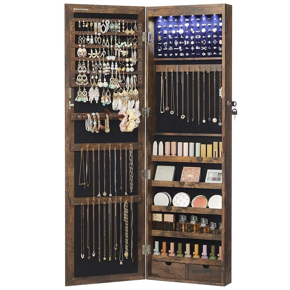 SONGMICS 6 LEDs Mirror Jewelry Cabinet, 47.2-Inch Tall Lockable Wall or Door Mounted Jewelry Armoire Organizer with Mirror, 2 Drawers, 3.9 x 14.6 x 47.2 Inches, Rustic Brown...