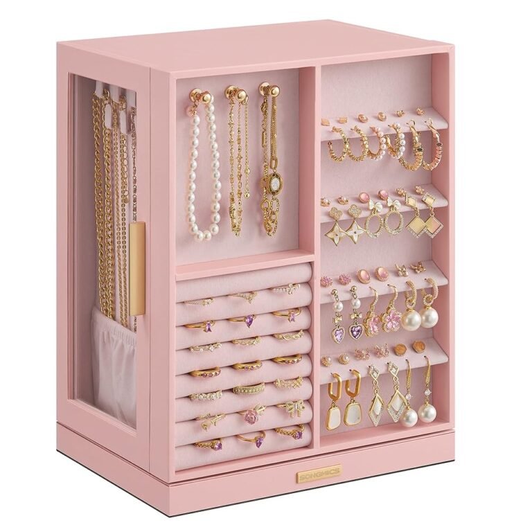 SONGMICS Jewelry Box 360° Rotating, Jewelry Storage Case with 5 Drawers, Jewelry Organizer, Glass Window, Spacious, Vertical Jewelry Storage, Open Design, Great Gift, Jelly Pink...