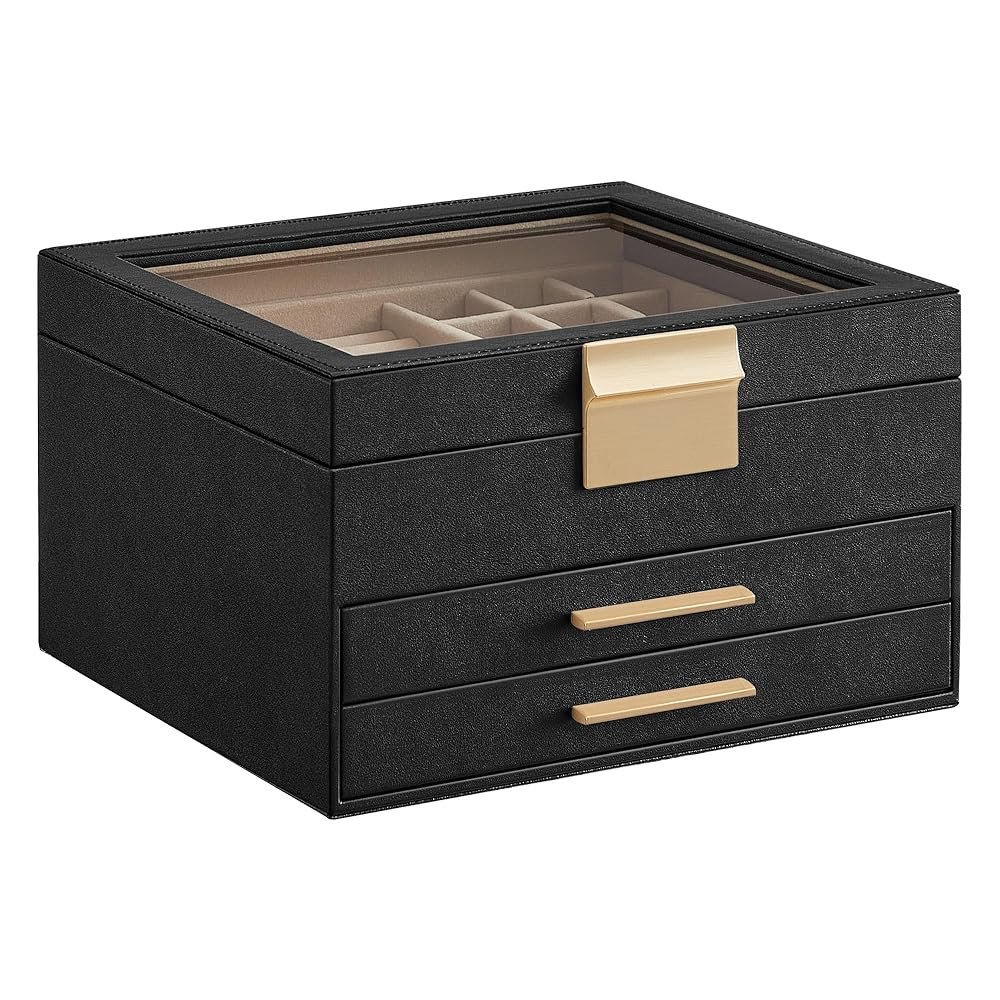 SONGMICS Jewelry Box Organizer with Glass Lid, 3-Layer Jewelry Storage, with 2 Drawers, Modern Style, 8 x 9.1 x 5.3 Inches, Graphite Black and Gold Color UJBC239B03