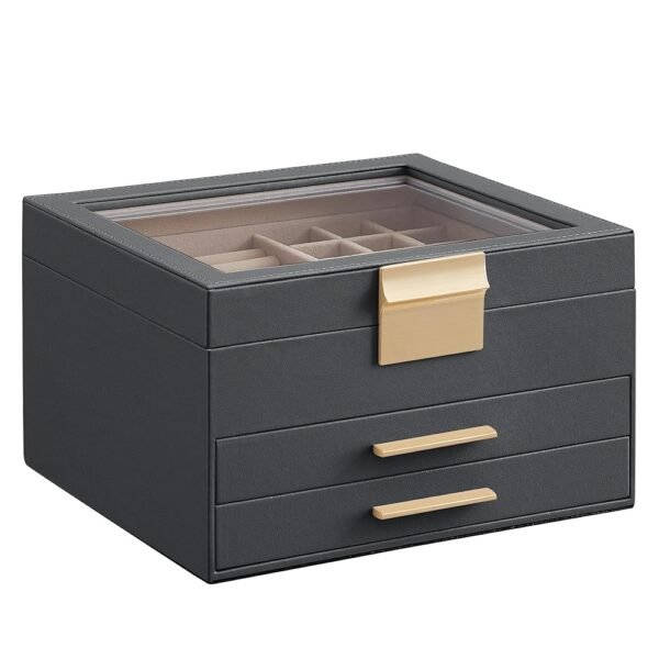 SONGMICS Jewelry Box Organizer with Glass Lid, 3-Layer Jewelry Storage, with 2 Drawers, Modern Style, 8 x 9.1 x 5.3 Inches, Interstellar Gray and Gold Color UJBC239G02