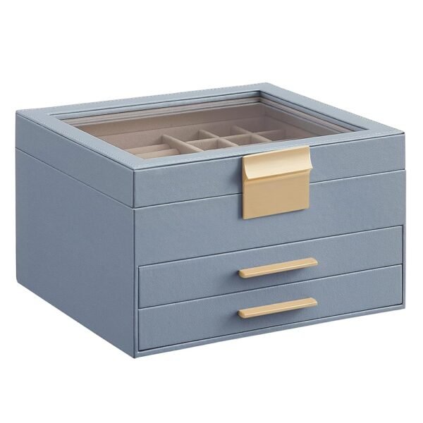 SONGMICS Jewelry Box Organizer with Glass Lid, 3-Layer Jewelry Storage, with 2 Drawers, Modern Style, 8 x 9.1 x 5.3 Inches, Smoky Blue and Gold Color UJBC239Q01