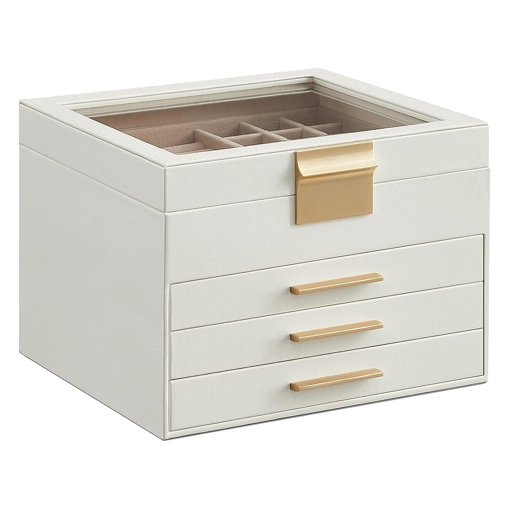 SONGMICS Jewelry Box Organizer with Glass Lid, 4-Layer Jewelry Storage, with 3 Drawers, Modern Style, 8 x 9.1 x 6.5 Inches, Cloud White and Gold Color UJBC173W01