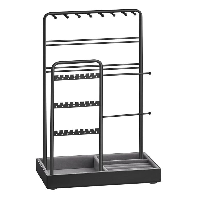 SONGMICS Jewelry Holder, Jewelry Organizer, Jewelry Display Stand with Metal Frame, Velvet Tray, Necklace Earring Bracelet Holder, for Studs, Rings, Gift Idea, Ink Black UJJS021B01