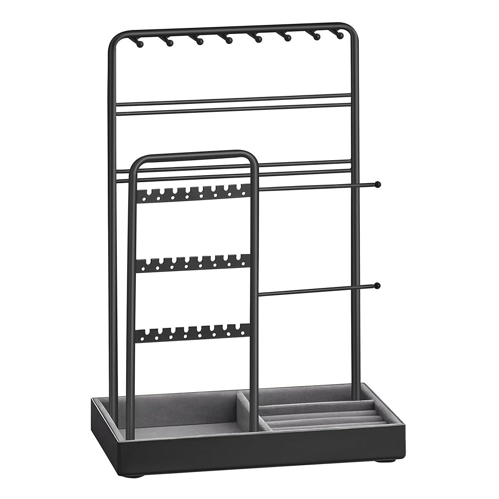 SONGMICS Jewelry Holder, Jewelry Organizer, Jewelry Display Stand with Metal Frame, Velvet Tray, Necklace Earring Bracelet Holder, for Studs, Rings, Gift Idea, Ink Black UJJS021B01