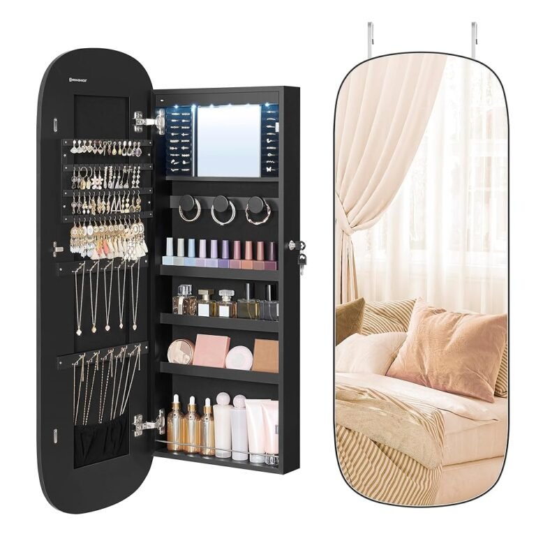 SONGMICS Jewelry Organizer, LED Jewelry Cabinet Wall/Door Mounted, Lockable Rounded Wide Mirror with Storage, Interior Mirror, 3.9 x 16.5 x 42.5 Inches, Black Surface with Black...