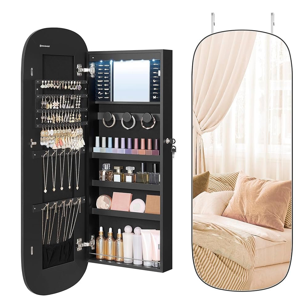 SONGMICS Jewelry Organizer, LED Jewelry Cabinet Wall/Door Mounted, Lockable Rounded Wide Mirror with Storage, Interior Mirror, 3.9 x 16.5 x 42.5 Inches, Black Surface with Black...