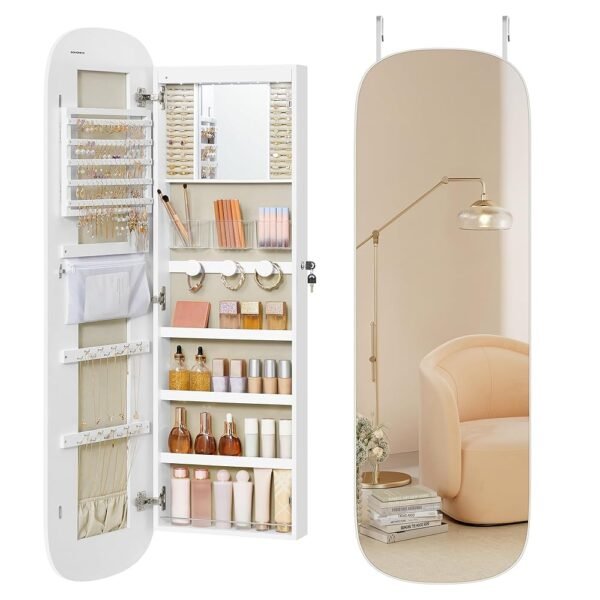 SONGMICS Jewelry Organizer, LED Jewelry Cabinet Wall/Door Mounted, Lockable Rounded Wide Mirror with Storage, Interior Mirror, 3.9 x 16.5 x 55 Inches, White Surface with Greige...