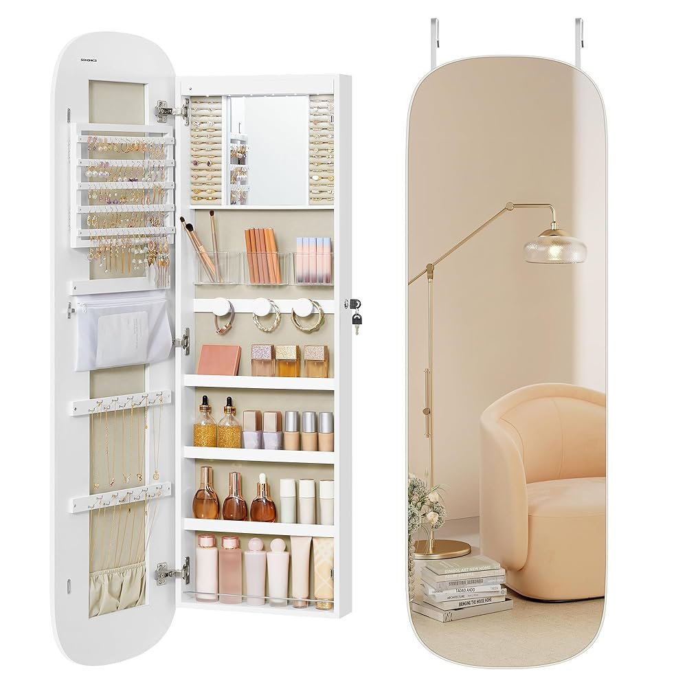 SONGMICS Jewelry Organizer, LED Jewelry Cabinet Wall/Door Mounted, Lockable Rounded Wide Mirror with Storage, Interior Mirror, 3.9 x 16.5 x 55 Inches, White Surface with Greige...
