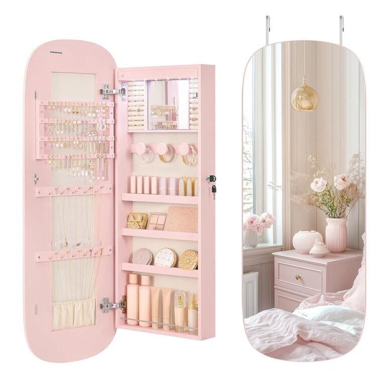 SONGMICS Jewelry Organizer, LED Jewelry Cabinet Wall/Door Mounted, Lockable Rounded Wide Mirror with Storage, Interior Mirror, 3.9 x 16.5 x 42.5 Inches, Jelly Pink Surface with...