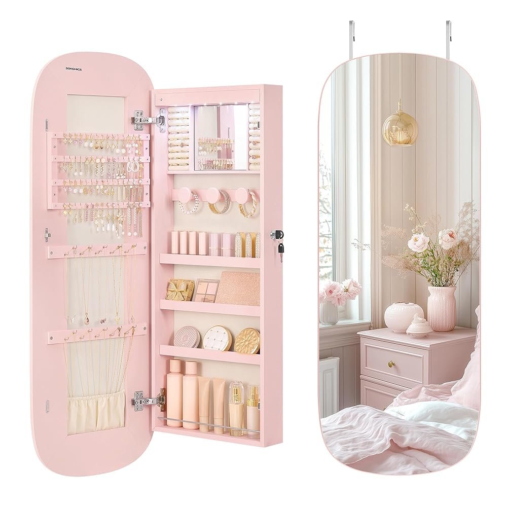SONGMICS Jewelry Organizer, LED Jewelry Cabinet Wall/Door Mounted, Lockable Rounded Wide Mirror with Storage, Interior Mirror, 3.9 x 16.5 x 42.5 Inches, Jelly Pink Surface with...