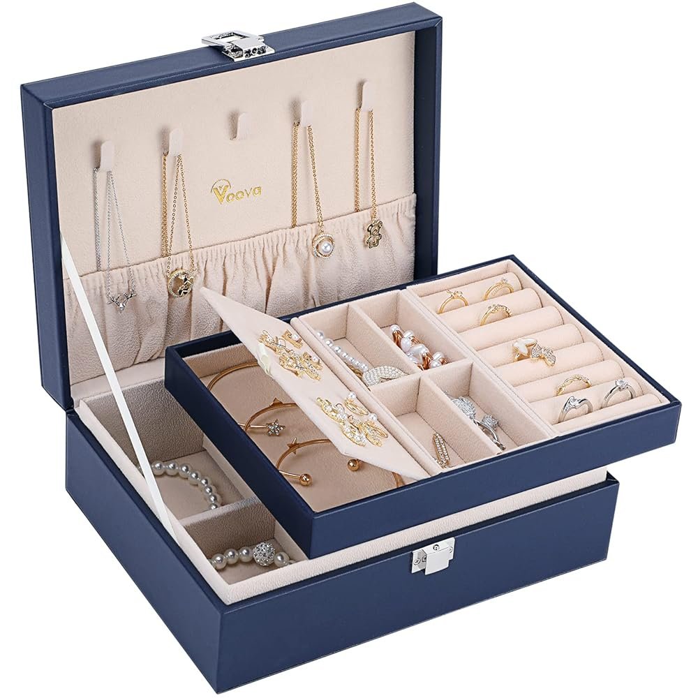 Voova Jewelry Box Organizer for Women Girls, 2 Layer Large Men Jewelry Storage Case,PU Leather Display Jewellery Holder with Removable Tray for Necklace Earrings Rings...