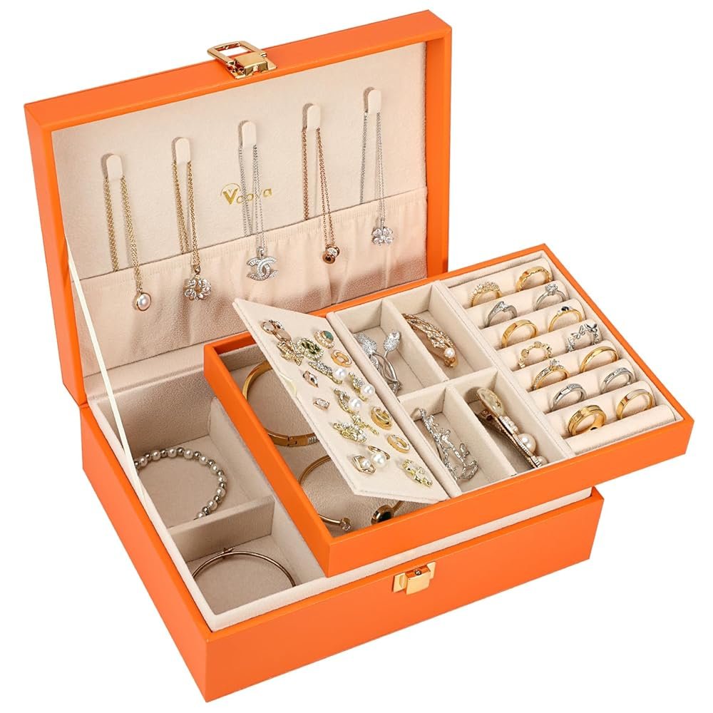 Voova Jewelry Box Organizer for Women Girls, 2 Layer Large Men Jewelry Storage Case, PU Leather Display Jewellery Holder with Removable Tray for Necklace Earrings Rings...