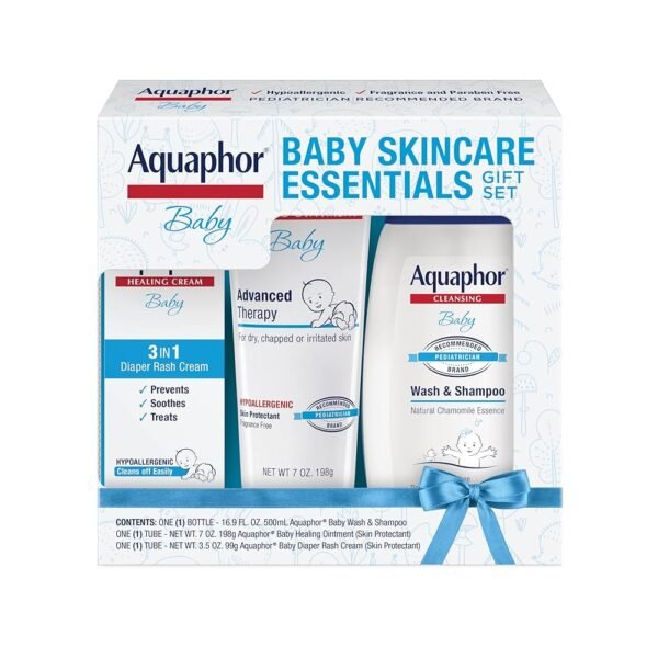 Aquaphor Baby Skin Care Essentials Gift Set with Baby Wash and Shampoo (16.9 Fl Oz) + Healing Ointment for Chapped Skin and Drool Rash (7Oz) + Diaper Rash Cream (3.5Oz),...
