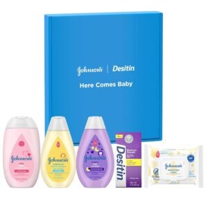 Johnson's Baby Here Comes Baby Gift Set, Baby Essentials for New Parents with Moisturizing Lotion, Bedtime Bath, Body Wash & Shampoo, Hand & Face Wipes, & Diaper Rash Cream, 5...